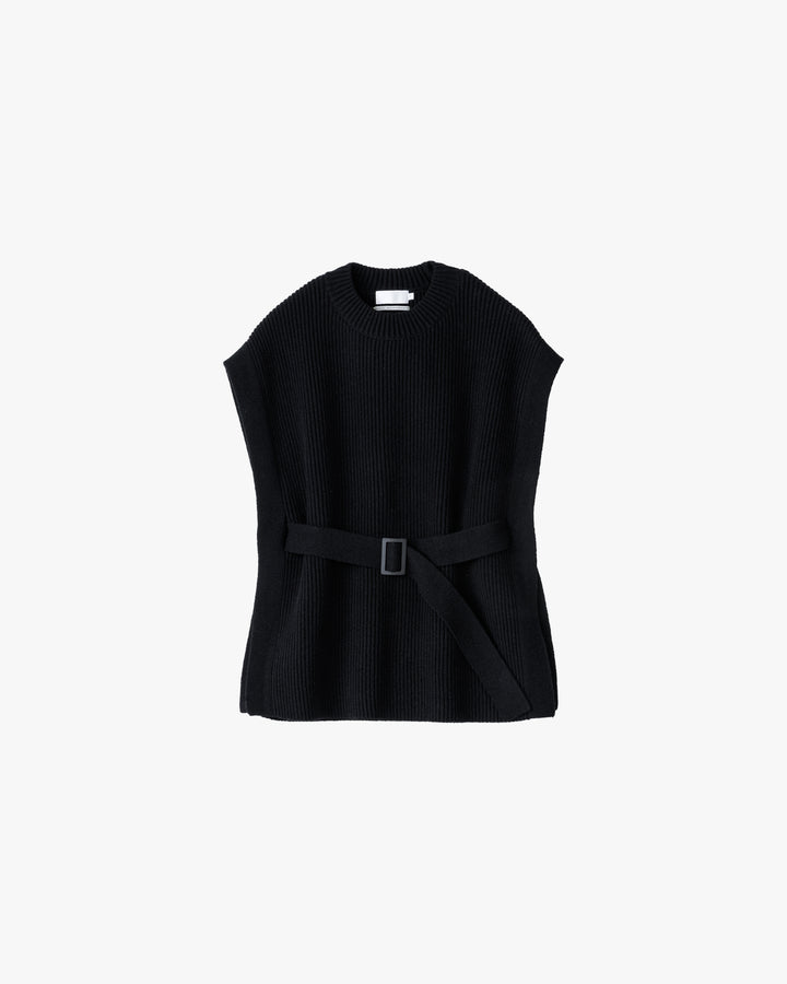 -SALE- Fine Wool Rib Knit Crew Neck Belted Vest
